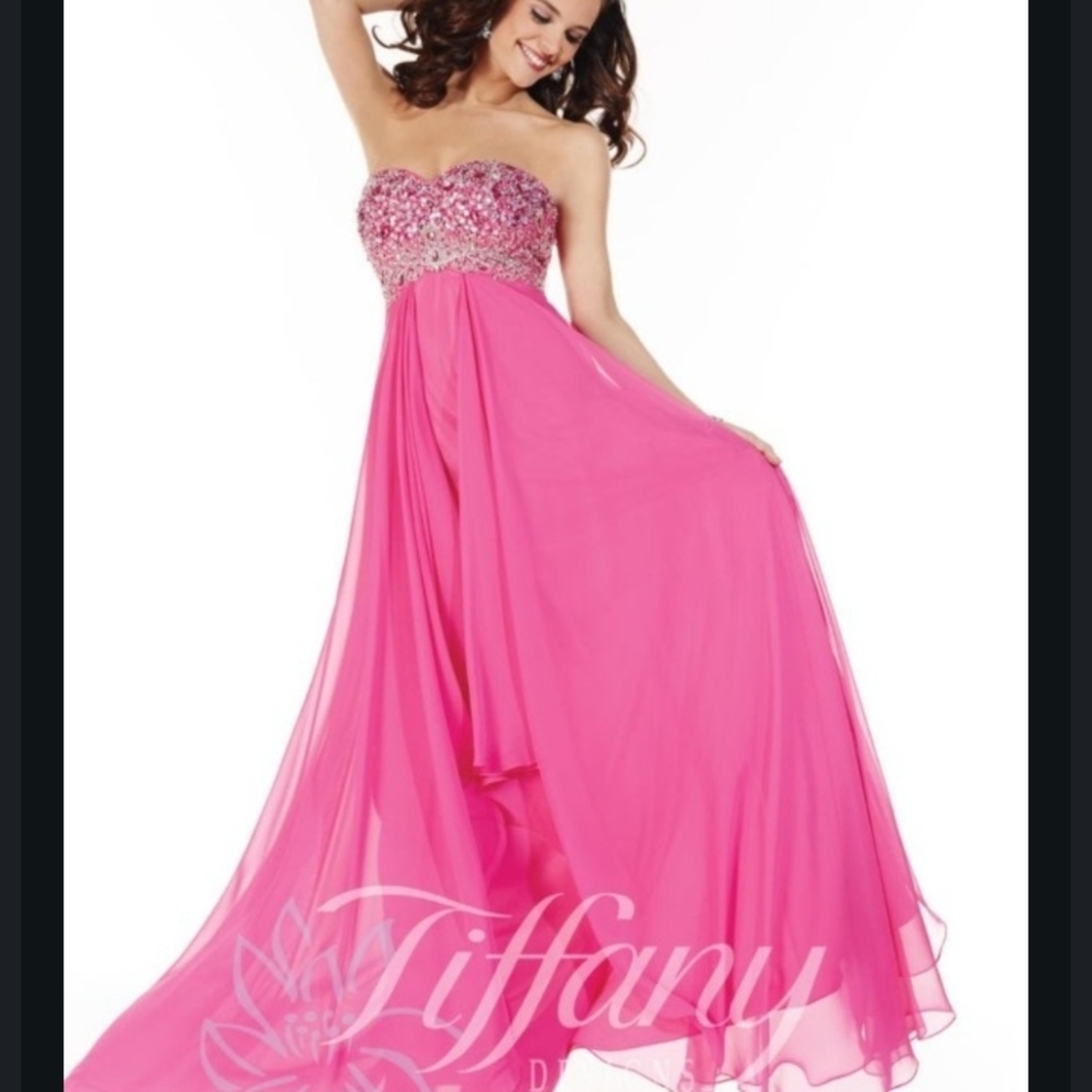 Tiffany Designs Strapless Hot Pink Beaded Empire Waist Maxi Dress